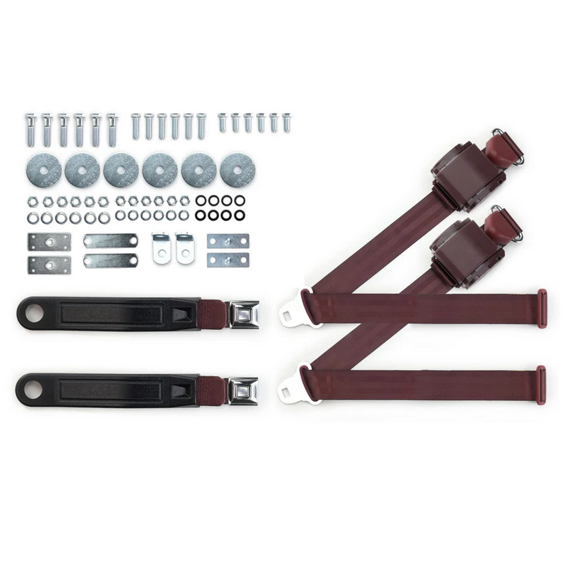 1965-73 mustang 3pt 369-brg-12 belts w/pushbutton buckle & 331 hardware kit for bucket seats (pair) RETROBELT RB-6573MUSTKT-BRG