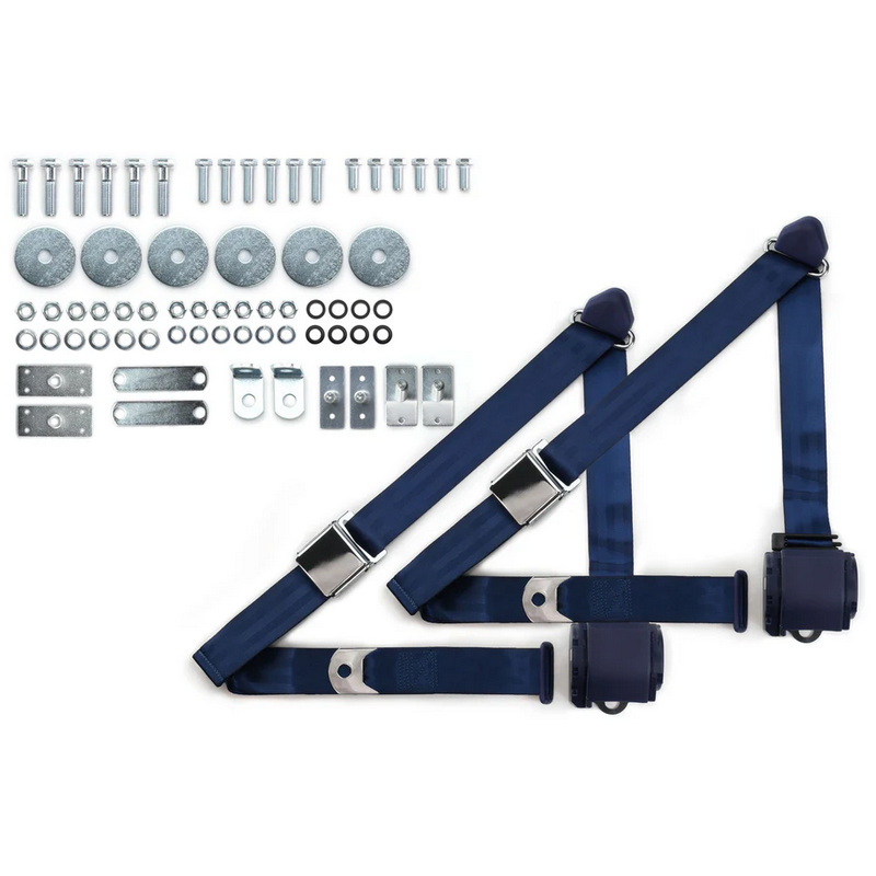 1965-73 mustang 3pt 359-dkb belts w/aviation buckle & 331 hardware kit (pair) RETROBELT RB-6573MUSTKT-DKB