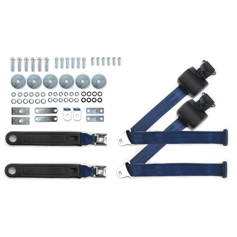1965-73 mustang 3pt 369-dkb-12 belts w/pushbutton buckle & 331 hardware kit for bucket seats (pair) RETROBELT RB-6573MUSTKT-DKB