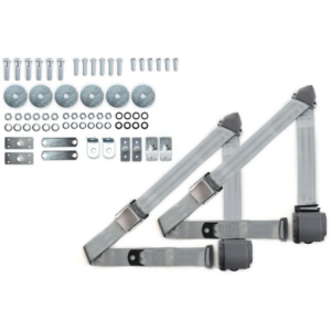 1965-73 mustang 3pt 359-gry belts w/aviation buckle & 331 hardware kit (pair) RETROBELT RB-6573MUSTKT-GRY