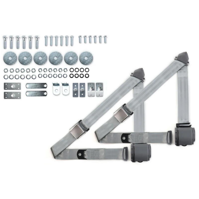 1965-73 mustang 3pt 359-gry belts w/aviation buckle & 331 hardware kit (pair) RETROBELT RB-6573MUSTKT-GRY
