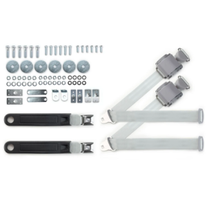 1965-73 mustang 3pt 369-gry-12 belts w/pushbutton buckle & 331 hardware kit for bucket seats (pair) RETROBELT RB-6573MUSTKT-GRY