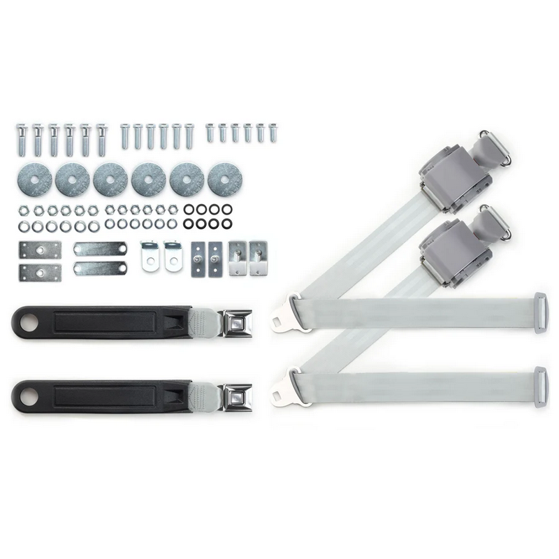 1965-73 mustang 3pt 369-gry-12 belts w/pushbutton buckle & 331 hardware kit for bucket seats (pair) RETROBELT RB-6573MUSTKT-GRY