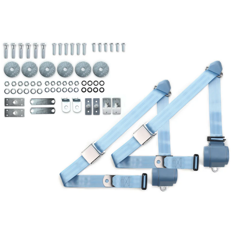1965-73 mustang 3pt 359-pdb belts w/aviation buckle & 331 hardware kit (pair) RETROBELT RB-6573MUSTKT-PDB