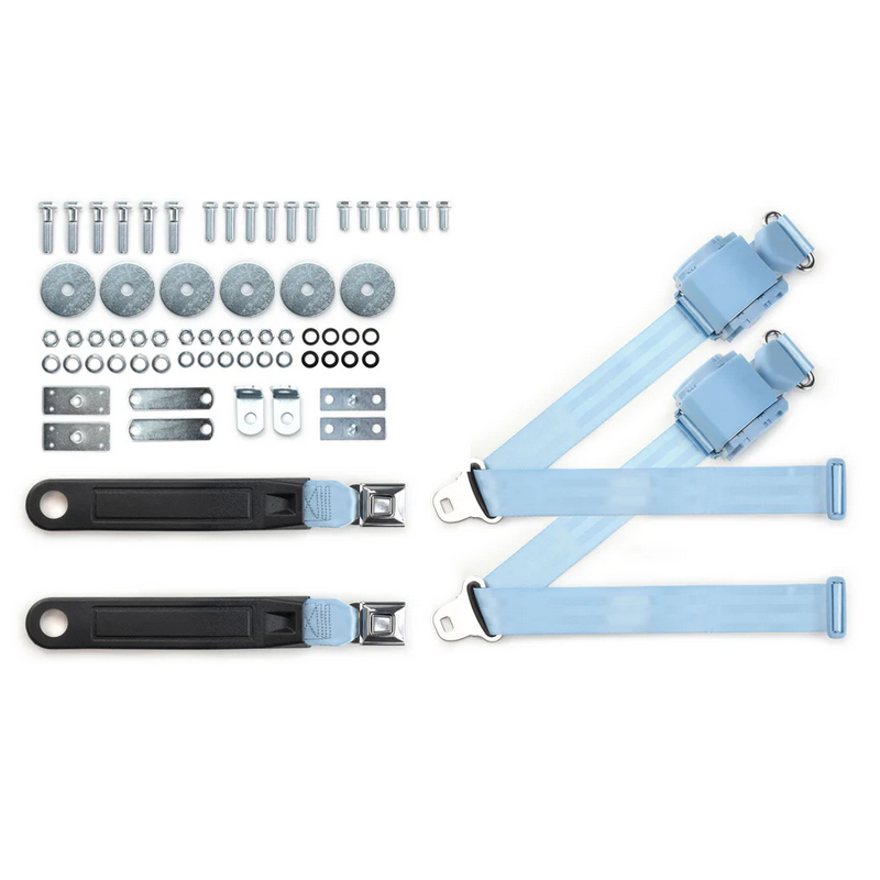 1965-73 mustang 3pt 369-pdb-12 belts w/pushbutton buckle & 331 hardware kit for bucket seats (pair) RETROBELT RB-6573MUSTKT-PDB