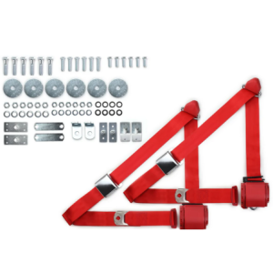 1965-73 mustang 3pt 359-brd belts w/aviation buckle & 331 hardware kit (pair) RETROBELT RB-6573MUSTKT-RED