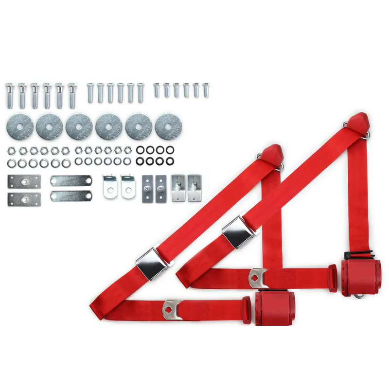 1965-73 mustang 3pt 359-brd belts w/aviation buckle & 331 hardware kit (pair) RETROBELT RB-6573MUSTKT-RED