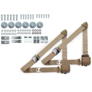 1965-73 mustang 3pt 359-sand belts w/aviation buckle & 331 hardware kit (pair) RETROBELT RB-6573MUSTKT-SND