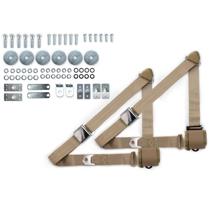 1965-73 mustang 3pt 359-sand belts w/aviation buckle & 331 hardware kit (pair) RETROBELT RB-6573MUSTKT-SND