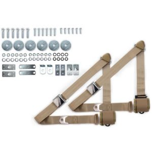1965-73 mustang 3pt 359-tan belts w/aviation buckle & 331 hardware kit (pair) RETROBELT RB-6573MUSTKT-TAN