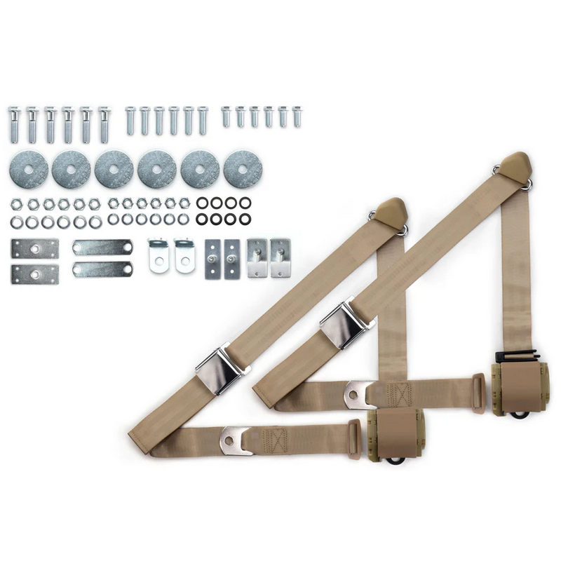 1965-73 mustang 3pt 359-tan belts w/aviation buckle & 331 hardware kit (pair) RETROBELT RB-6573MUSTKT-TAN