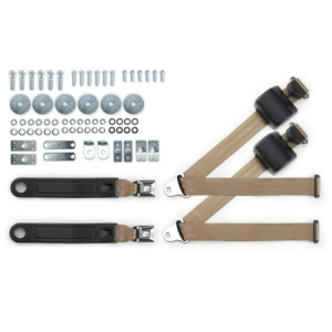 1965-73 mustang 3pt 369-tan-12 belts w/pushbutton & 331 hardware kit for bucket seats (pair) RETROBELT RB-6573MUSTKT-TAN-BU