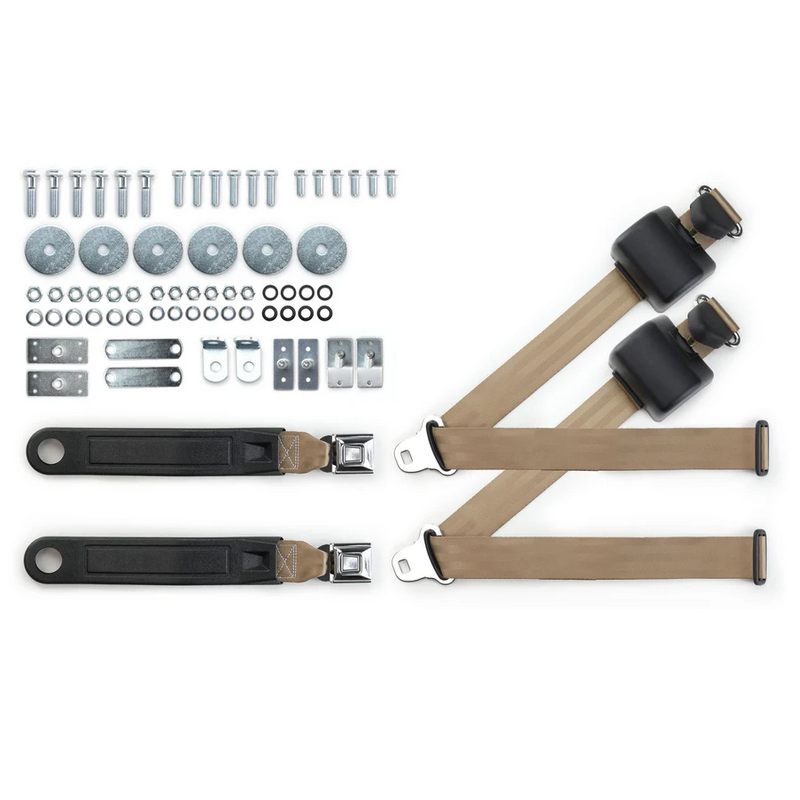 1965-73 mustang 3pt 369-tan-12 belts w/pushbutton & 331 hardware kit for bucket seats (pair) RETROBELT RB-6573MUSTKT-TAN-BU