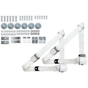 1965-73 mustang 3pt 359-wht belts w/aviation buckle & 331 hardware kit (pair) RETROBELT RB-6573MUSTKT-WHT