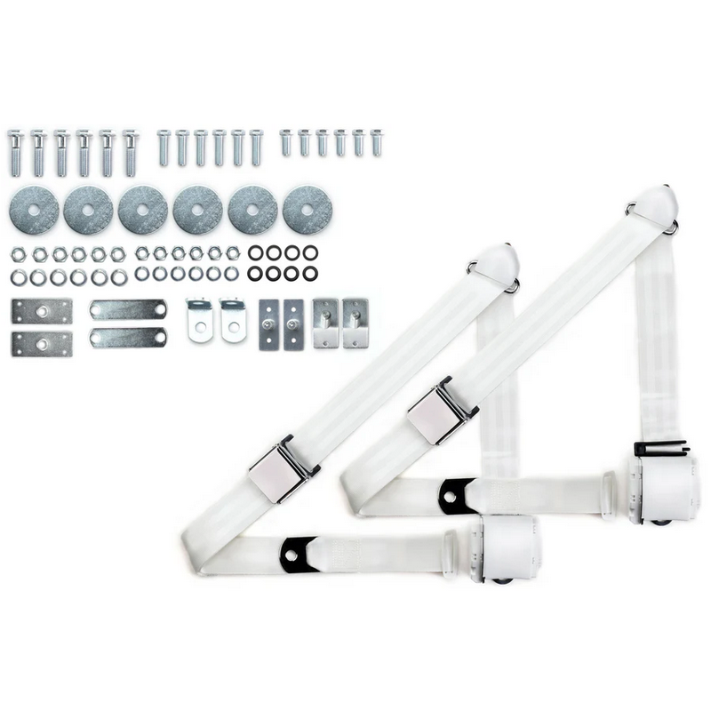1965-73 mustang 3pt 359-wht belts w/aviation buckle & 331 hardware kit (pair) RETROBELT RB-6573MUSTKT-WHT