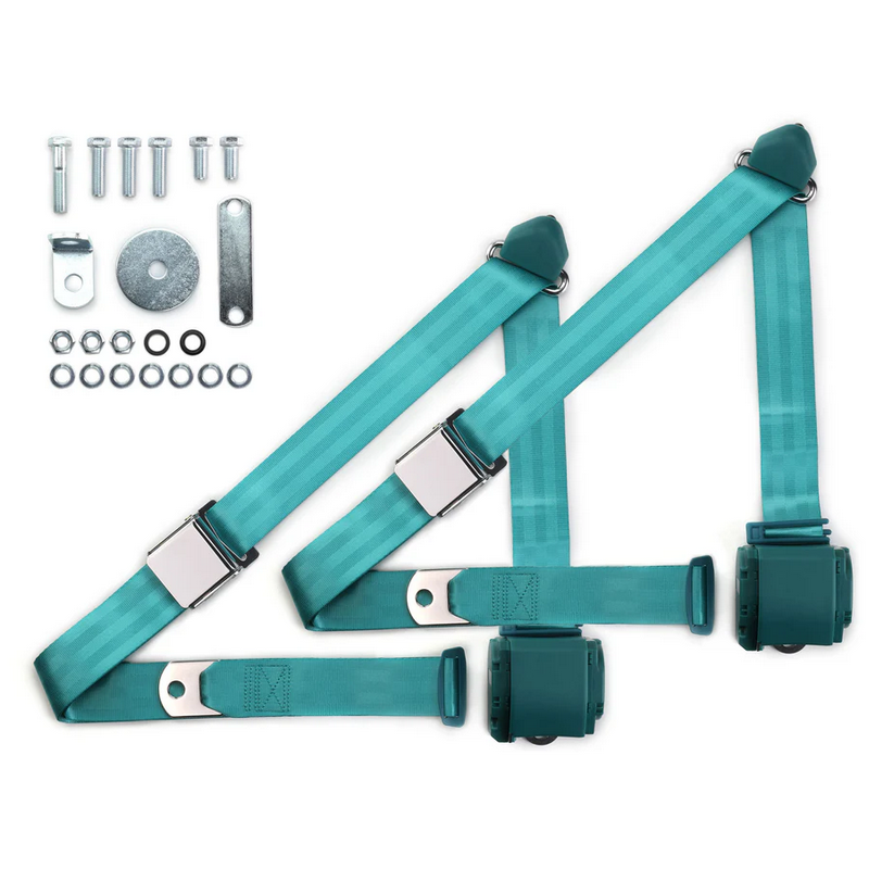 1970-73 datsun z-car 3pt 359-trq belts w/aviation buckle & hardware kit (pair) RETROBELT RB-7073ZKT-AQA