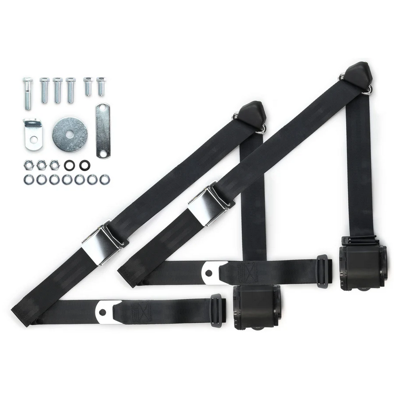 1970-73 datsun z-car 3pt 359-blk belts w/aviation buckle & hardware kit (pair) RETROBELT RB-7073ZKT-BLK