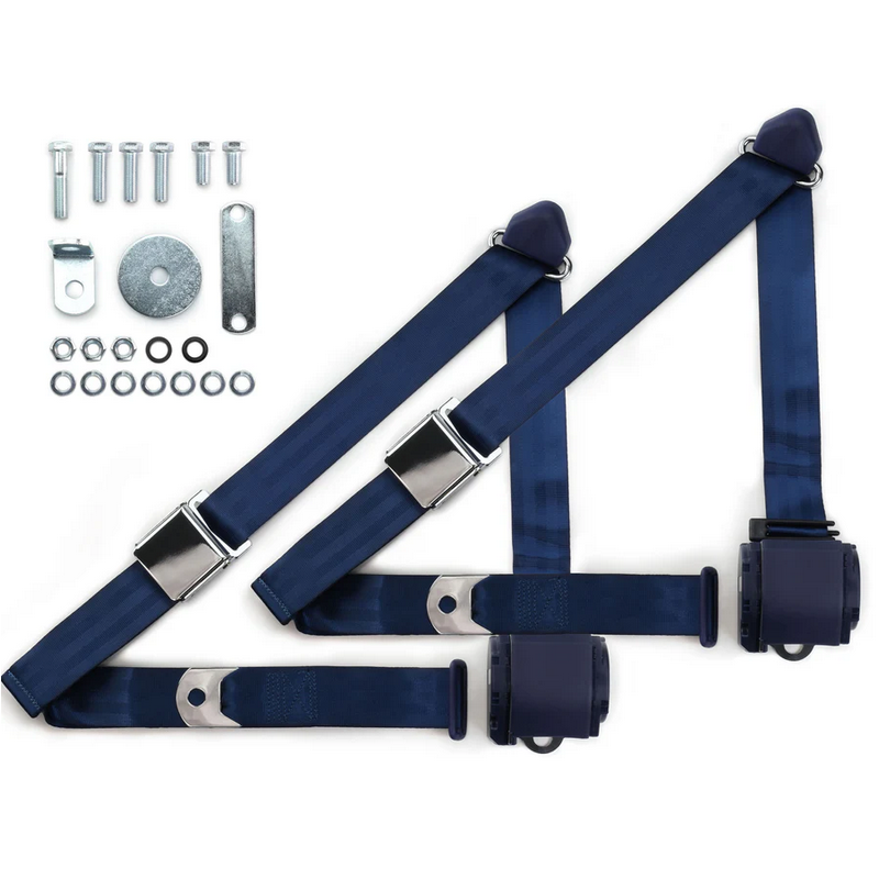 1970-73 datsun z-car 3pt 359-dkb belts w/aviation buckle & hardware kit (pair) RETROBELT RB-7073ZKT-DKB