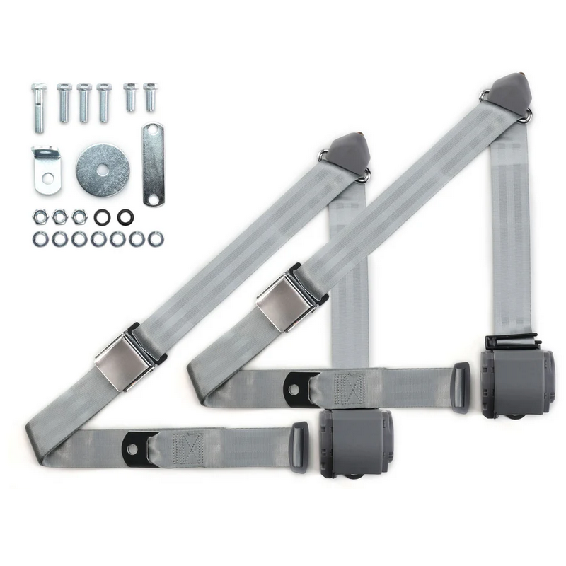 1970-73 datsun z-car 3pt 359-gry belts w/aviation buckle & hardware kit (pair) RETROBELT RB-7073ZKT-GRY