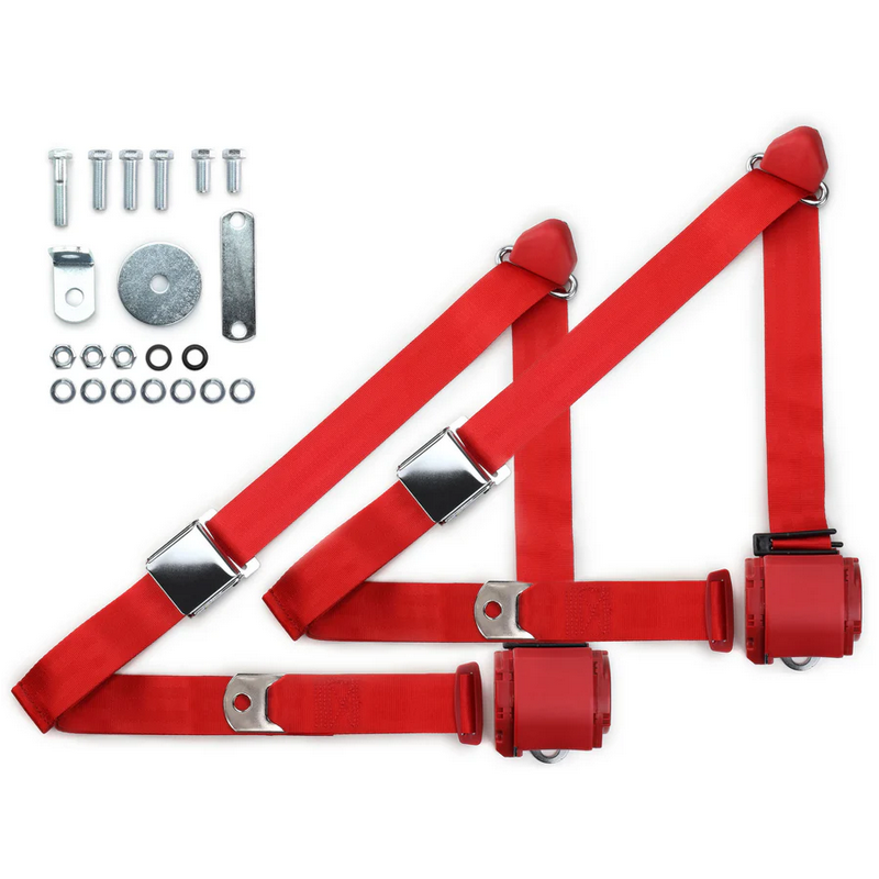 1970-73 datsun z-car 3pt 359-brd belts w/aviation buckle & hardware kit (pair) RETROBELT RB-7073ZKT-RED