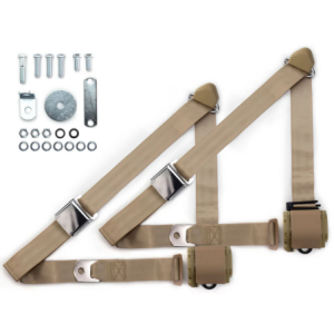 1970-73 datsun z-car 3pt 359-tan belts w/aviation buckle & hardware kit (pair) RETROBELT RB-7073ZKT-TAN