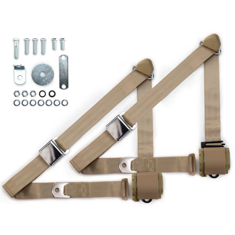 1970-73 datsun z-car 3pt 359-tan belts w/aviation buckle & hardware kit (pair) RETROBELT RB-7073ZKT-TAN