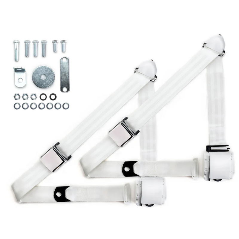 1970-73 datsun z-car 3pt 359-wht belts w/aviation buckle & hardware kit (pair) RETROBELT RB-7073ZKT-WHT