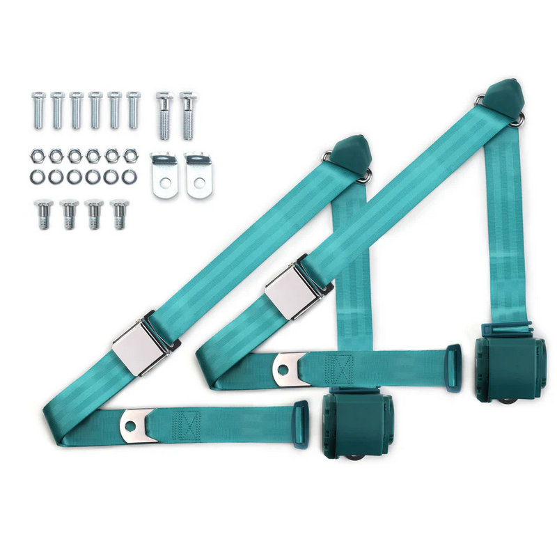1973-91 gm truck 3pt 359-trq belts w/aviation buckle & 337 hardware kit (pair) RETROBELT RB-7391GMTKKT-AQA