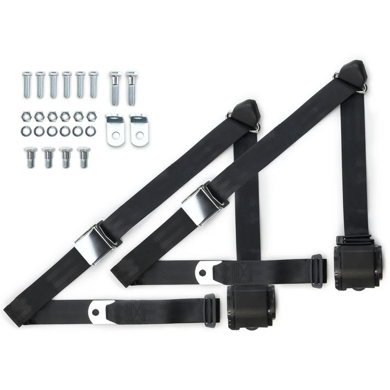 1973-91 gm truck 3pt 359-blk belts w/aviation buckle & 337 hardware kit (pair) RETROBELT RB-7391GMTKKT-BLK