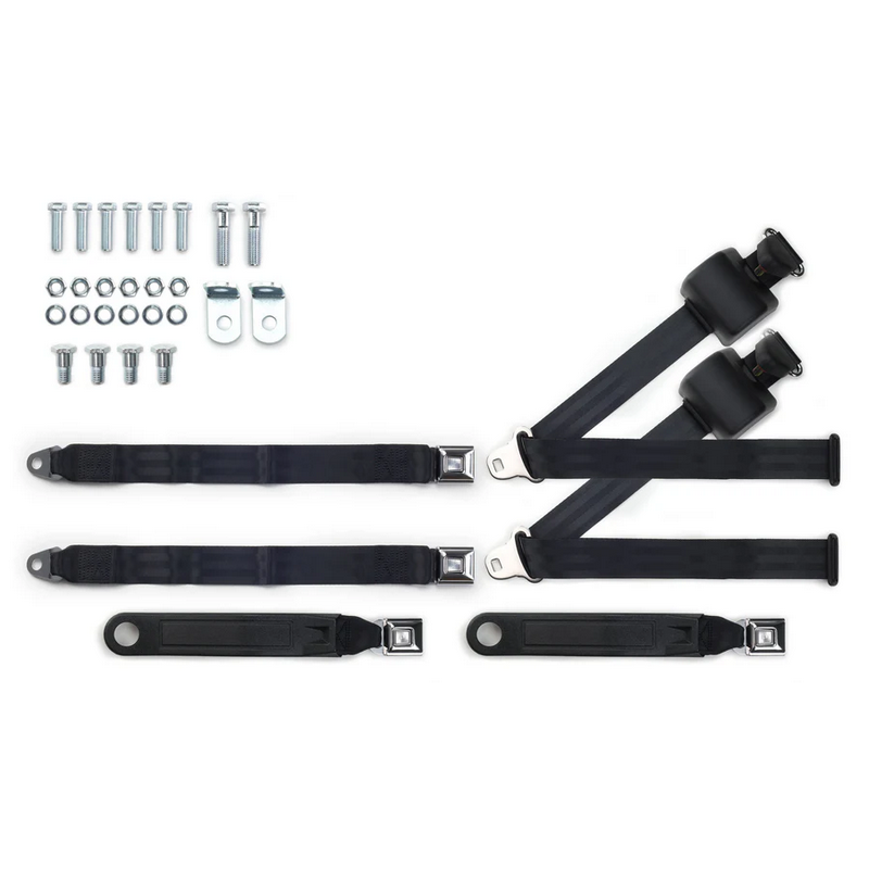 1973-91 gm truck 3pt 369-blk-20 belts w/pushbutton & 337 hardware kit for bench seats (pair) RETROBELT RB-7391GMTKKT-BLK-BE