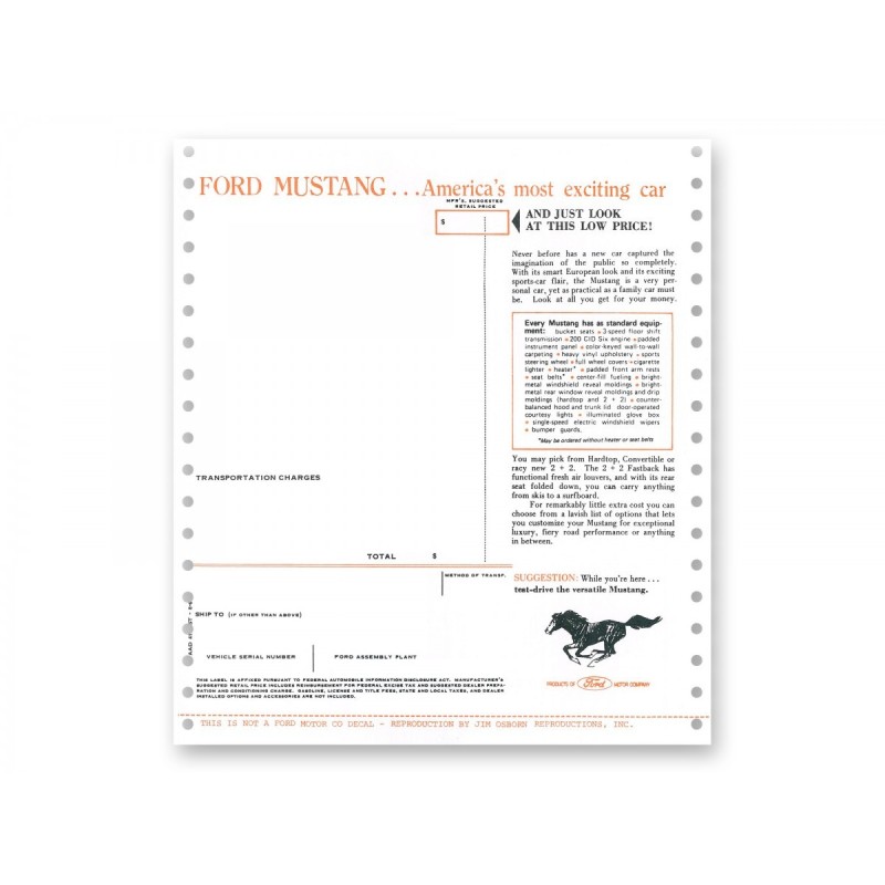FORD MUSTANG 1965 NOUVEL AUTOCOLLANT POUR FENETRE New Car Window Price Sticker SCOTT DRAKE DF-43