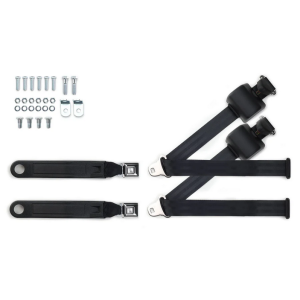 1973-91 gm truck 3pt 369-blk-12 belts w/pushbutton & 337 hardware kit for bucket seats (pair) RETROBELT RB-7391GMTKKT-BLK-BU