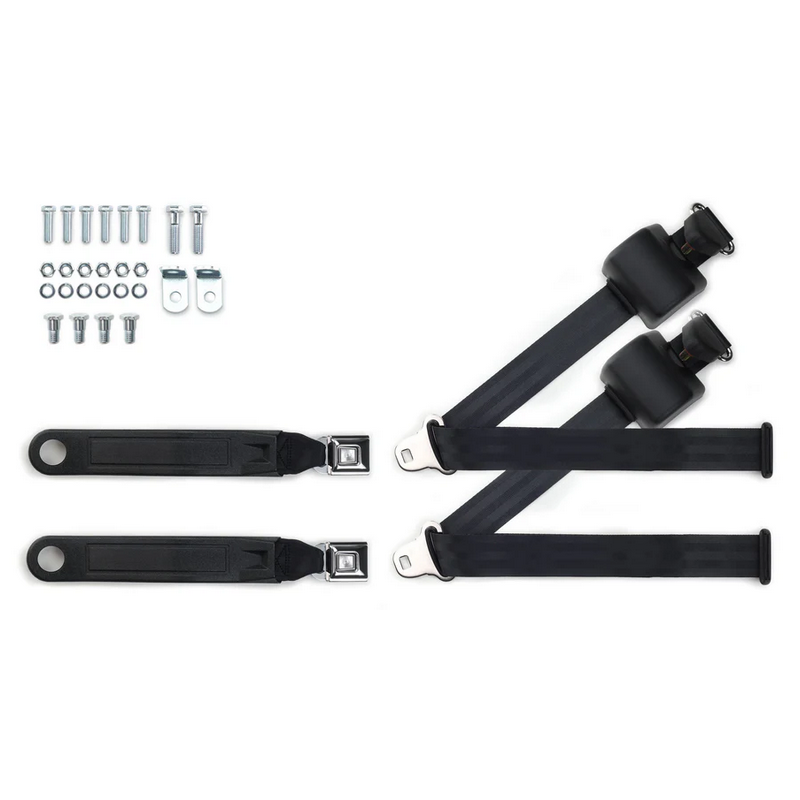 1973-91 gm truck 3pt 369-blk-12 belts w/pushbutton & 337 hardware kit for bucket seats (pair) RETROBELT RB-7391GMTKKT-BLK-BU
