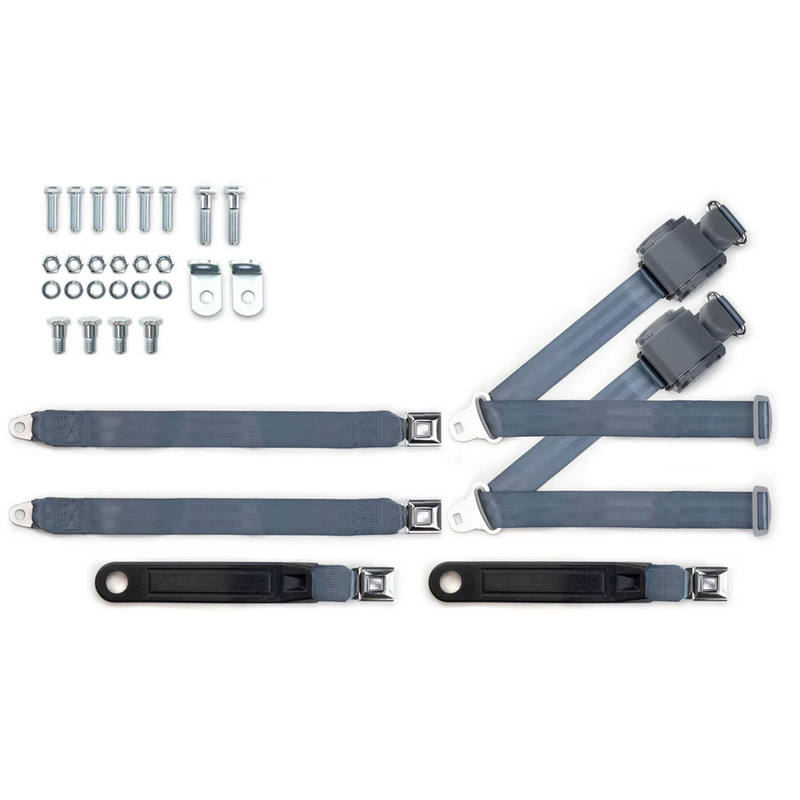 1973-91 gm truck 3pt 369-blu-20 belts w/pushbutton & 337 hardware kit for bench seats (pair) RETROBELT RB-7391GMTKKT-BLU-BE