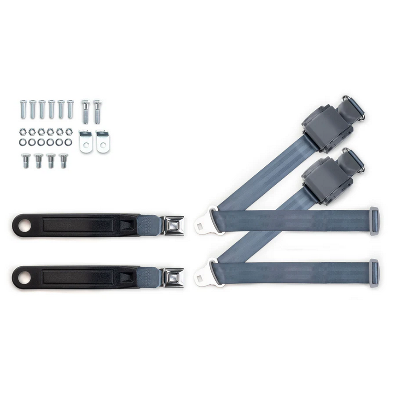 1973-91 gm truck 3pt 369-blu-12 belts w/pushbutton & 337 hardware kit for bucket seats (pair) RETROBELT RB-7391GMTKKT-BLU-BU