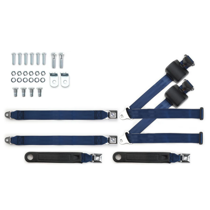 1973-91 gm truck 3pt 369-dkb-20 belts w/pushbutton & 337 hardware kit for bench seats (pair) RETROBELT RB-7391GMTKKT-DKB-BE