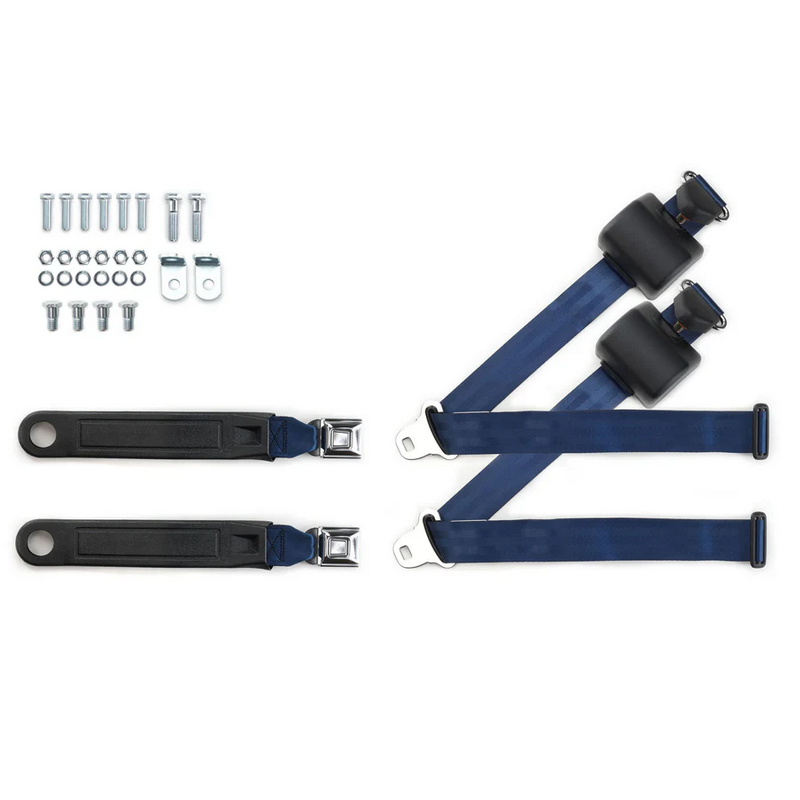 1973-91 gm truck 3pt 369-dkb-12 belts w/pushbutton & 337 hardware kit for bucket seats (pair) RETROBELT RB-7391GMTKKT-DKB-BU