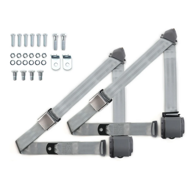 1973-91 gm truck 3pt 359-gry belts w/aviation buckle & 337 hardware kit (pair) RETROBELT RB-7391GMTKKT-GRY
