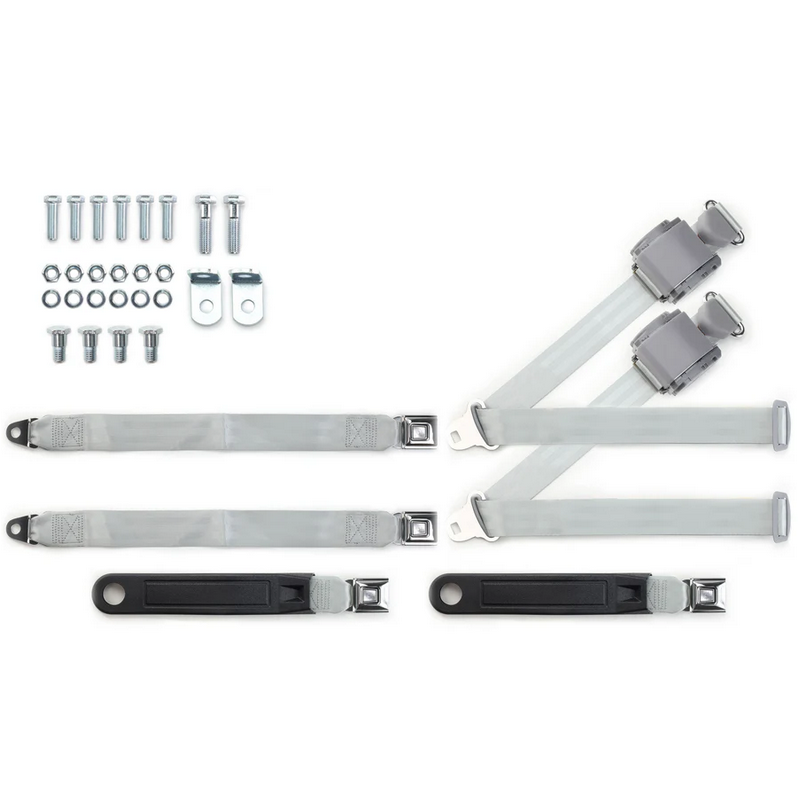 1973-91 gm truck 3pt 369-gry-20 belts w/pushbutton & 337 hardware kit for bench seats (pair) RETROBELT RB-7391GMTKKT-GRY-BE