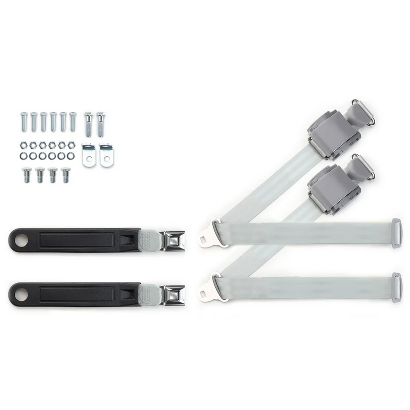 1973-91 gm truck 3pt 369-gry-12 belts w/pushbutton & 337 hardware kit for bucket seats (pair) RETROBELT RB-7391GMTKKT-GRY-BU