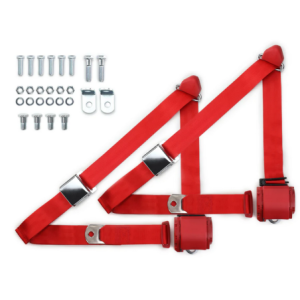 1973-91 gm truck 3pt 359-brd belts w/aviation buckle & 337 hardware kit (pair) RETROBELT RB-7391GMTKKT-RED
