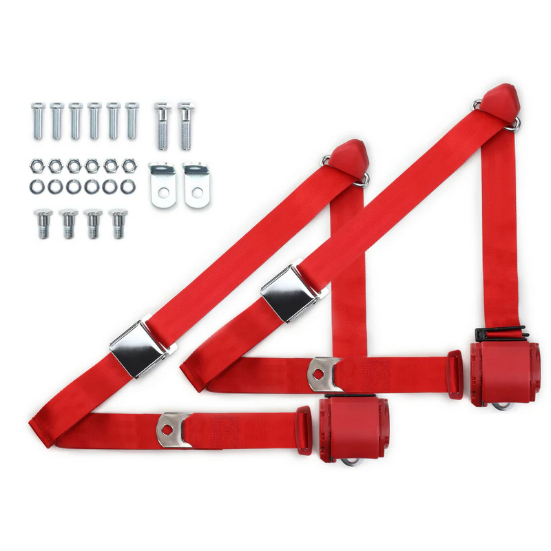 1973-91 gm truck 3pt 359-brd belts w/aviation buckle & 337 hardware kit (pair) RETROBELT RB-7391GMTKKT-RED