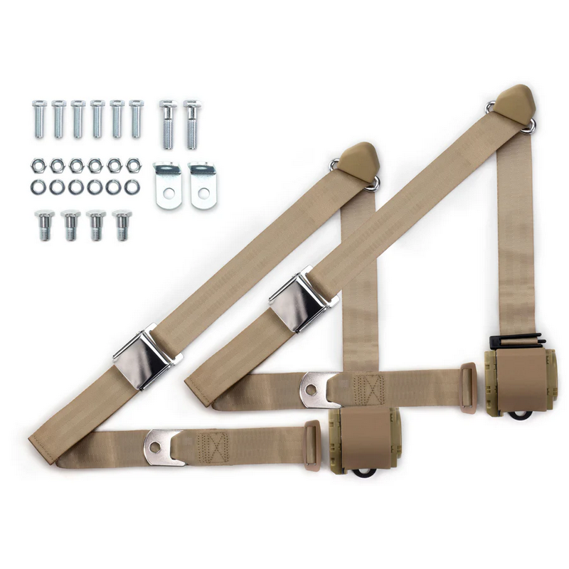 1973-91 gm truck 3pt 359-sand belts w/aviation buckle & 337 hardware kit (pair) RETROBELT RB-7391GMTKKT-SND