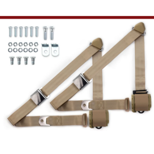 1973-91 gm truck 3pt 359-tan belts w/aviation buckle & 337 hardware kit (pair) RETROBELT RB-7391GMTKKT-TAN