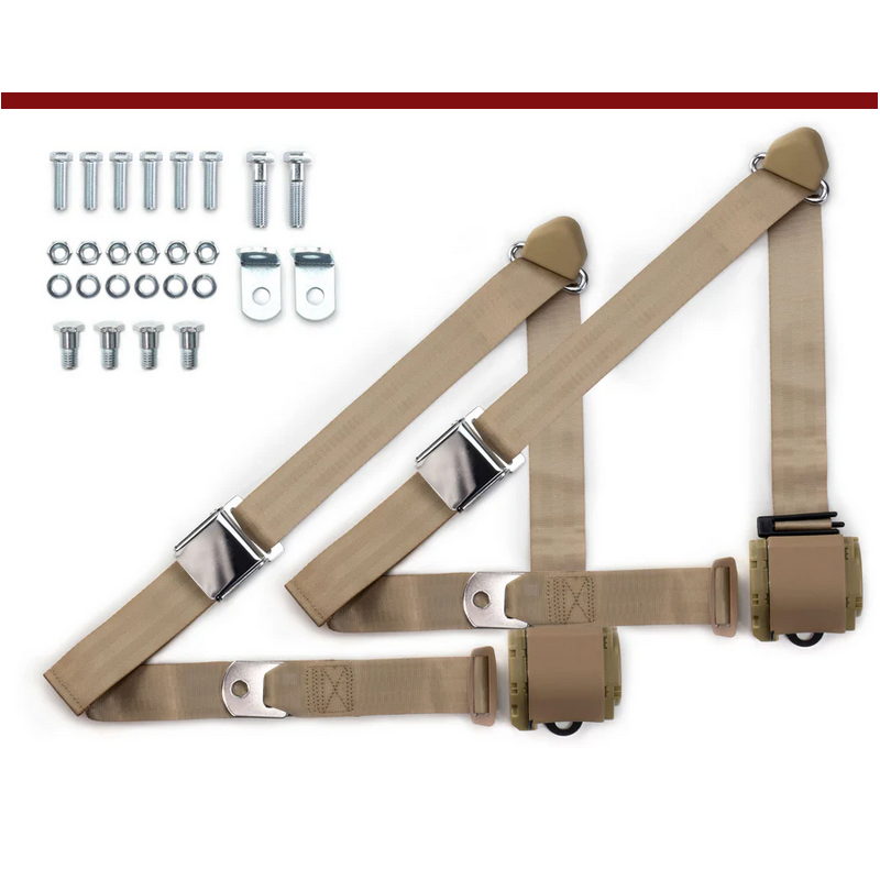 1973-91 gm truck 3pt 359-tan belts w/aviation buckle & 337 hardware kit (pair) RETROBELT RB-7391GMTKKT-TAN