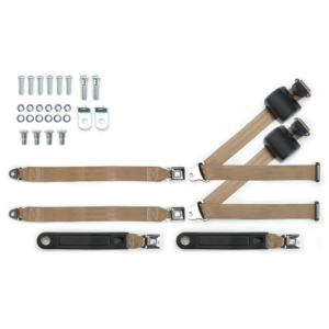 1973-91 gm truck 3pt 369-tan-20 belts w/pushbutton & 337 hardware kit for bench seats (pair) RETROBELT RB-7391GMTKKT-TAN-BE