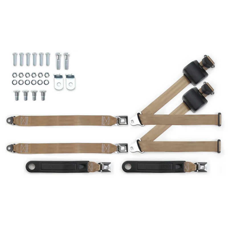 1973-91 gm truck 3pt 369-tan-20 belts w/pushbutton & 337 hardware kit for bench seats (pair) RETROBELT RB-7391GMTKKT-TAN-BE