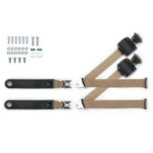 1973-91 gm truck 3pt 369-tan-12 belts w/pushbutton & 337 hardware kit for bucket seats (pair) RETROBELT RB-7391GMTKKT-TAN-BU