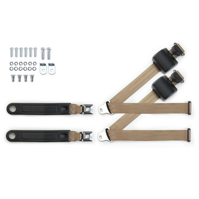 1973-91 gm truck 3pt 369-tan-12 belts w/pushbutton & 337 hardware kit for bucket seats (pair) RETROBELT RB-7391GMTKKT-TAN-BU