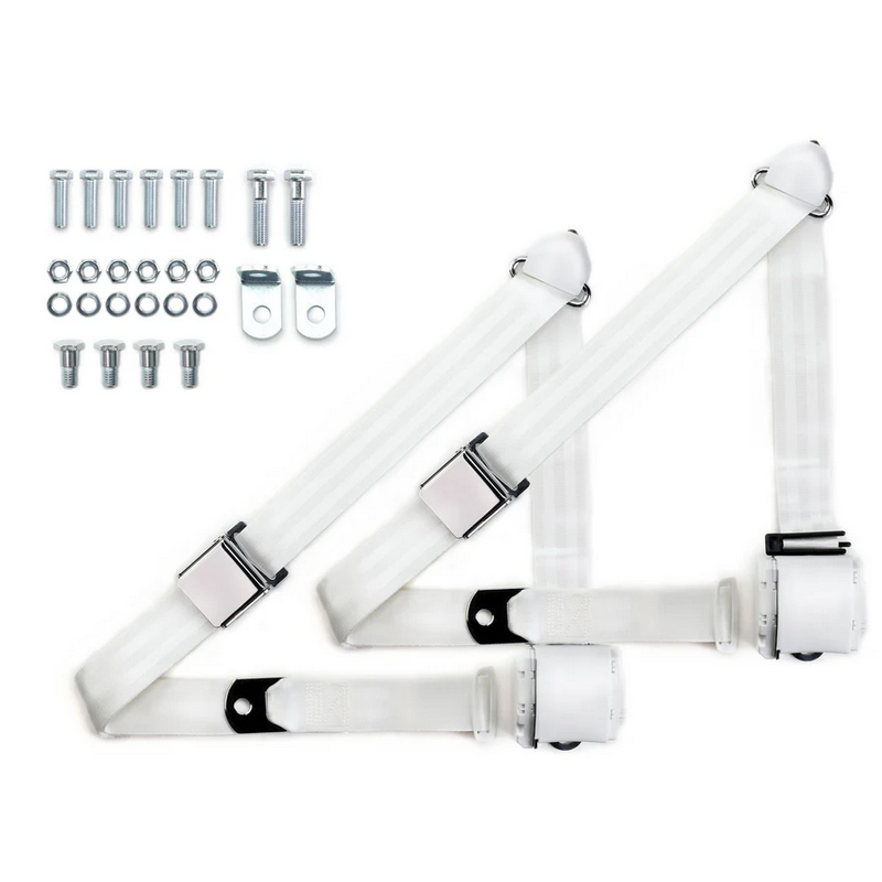 1973-91 gm truck 3pt 359-wht belts w/aviation buckle & 337 hardware kit (pair) RETROBELT RB-7391GMTKKT-WHT